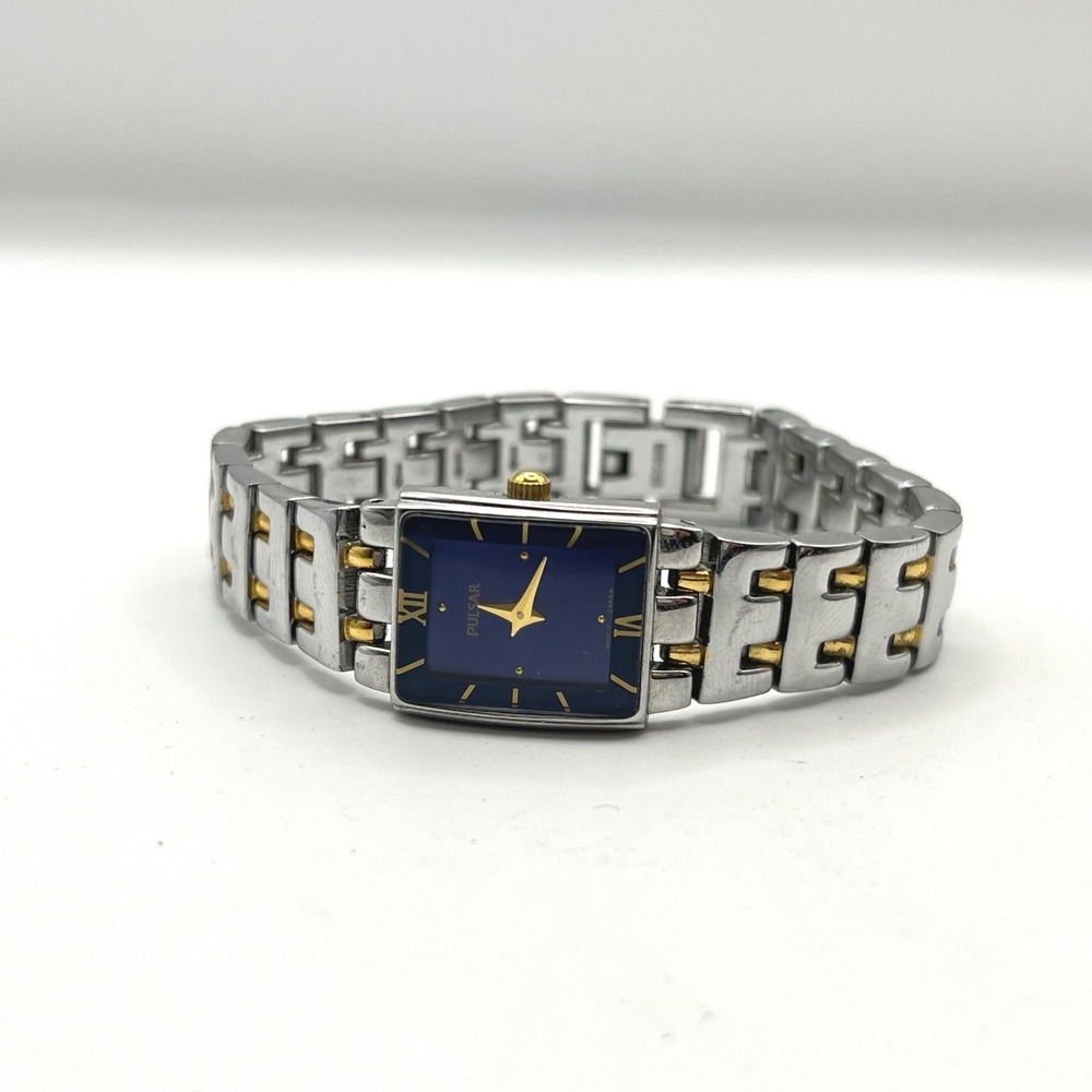 Pulsar Two Tone Stainless Steel Blue Dial Rectangular Watch 1N00-X029